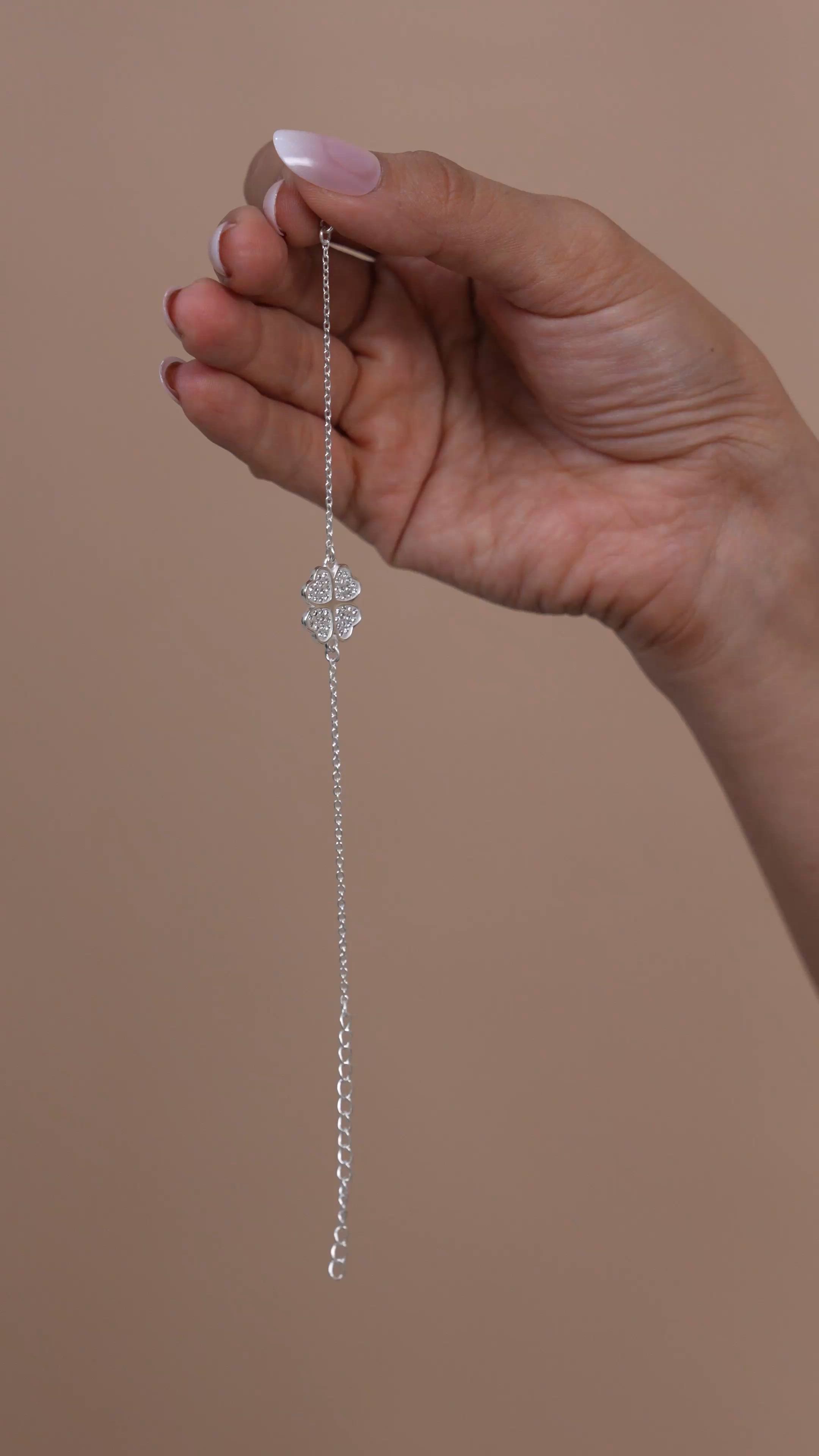 Four Leaf Clover Bracelet, 925 Sterling Silver & American Diamond