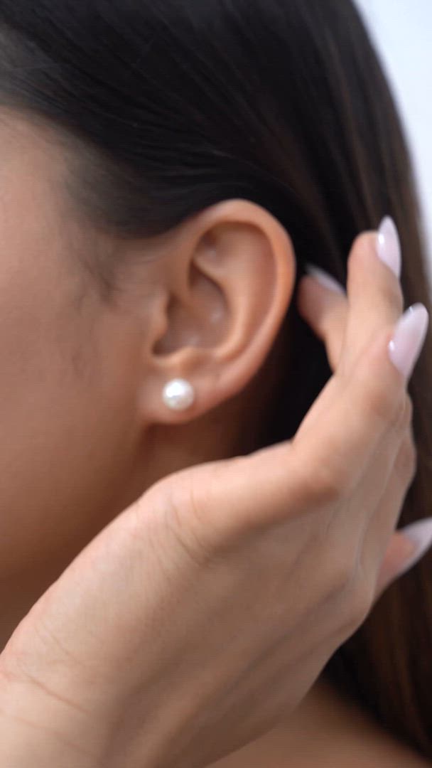 8mm Pearl Earrings, Brilliant Solitaire Studs in 925 Silver