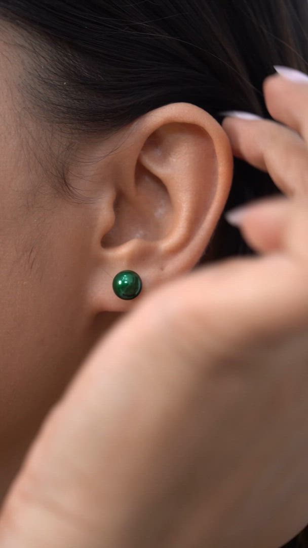 Dark Green Pearl Earrings, Classic Solitaire Studs in 925 Silver