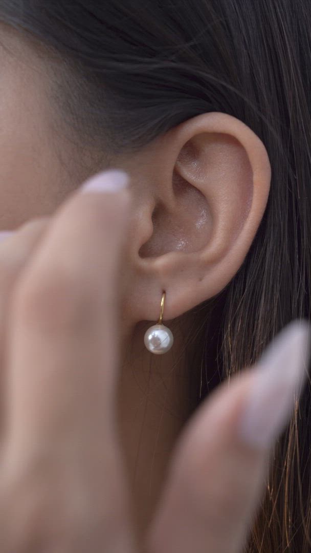 Designer 8mm White Pearl Drop Earrings in Gold-Plated Sterling Silver